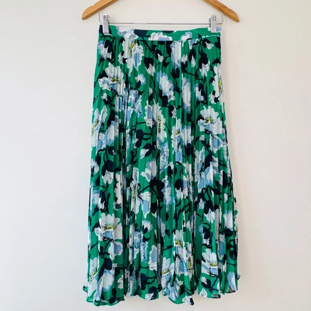 Anthropologie Maeve Floral Green Pleated Midi‎ Skirt Size X-Small